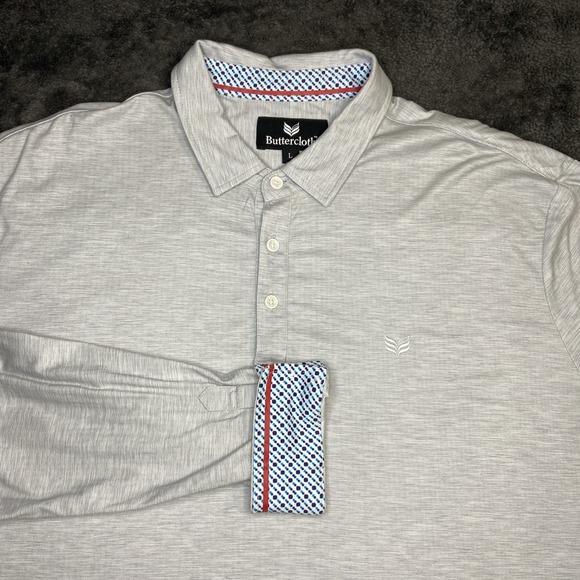 Buttercloth Polo Shirt Mens Size Large Gray Cotton Long Sleeve Stretch Flip Cuff - Picture 1 of 11